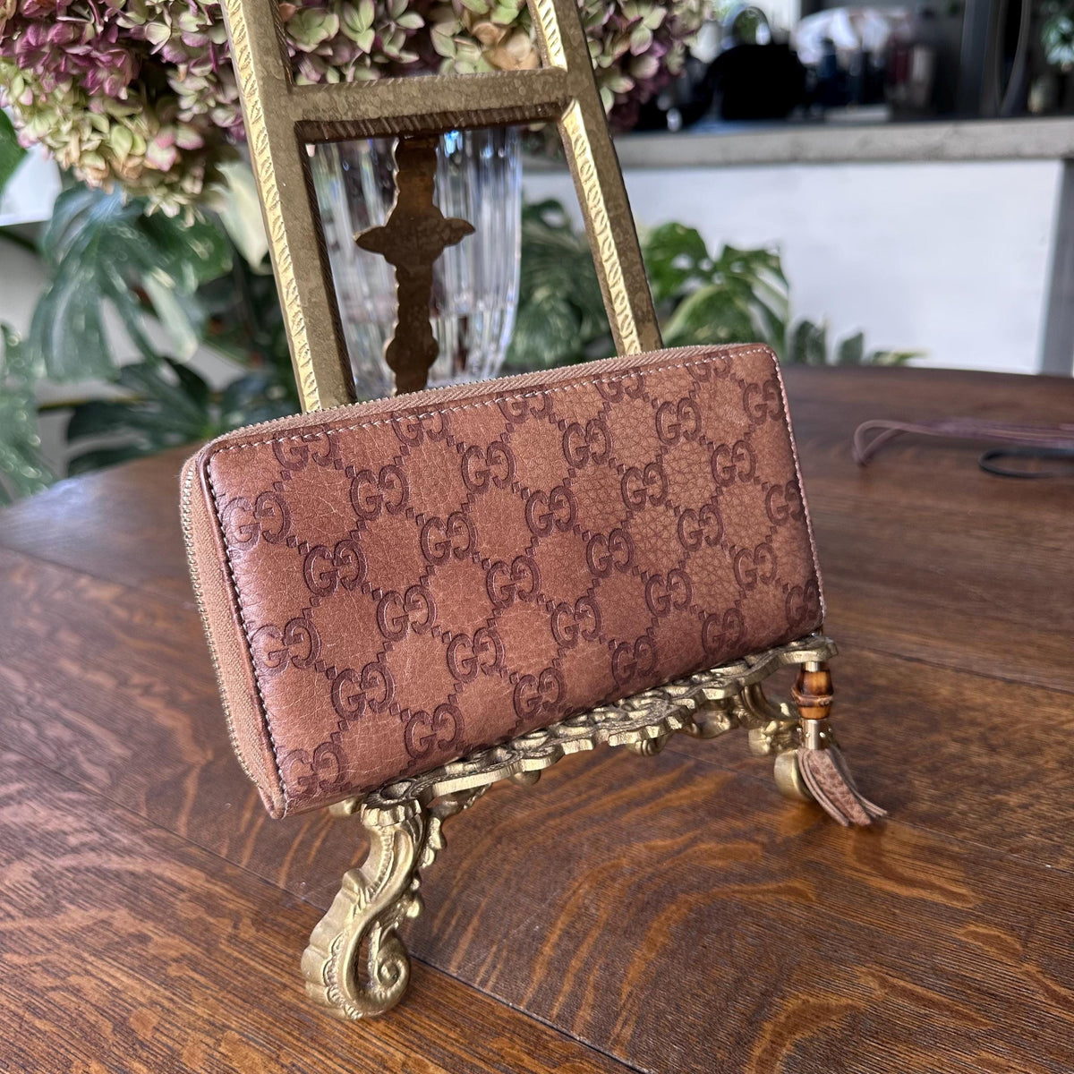 Gucci GG Monogram Brown Leather Zip Around Wallet with Dust Bag