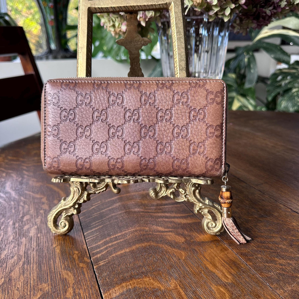 Gucci GG Monogram Brown Leather Zip Around Wallet with Dust Bag