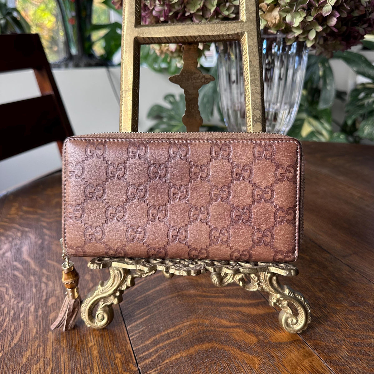 Gucci GG Monogram Brown Leather Zip Around Wallet with Dust Bag