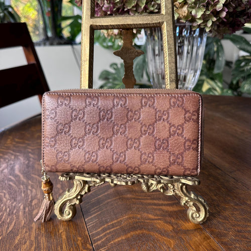 Gucci GG Monogram Brown Leather Zip Around Wallet with Dust Bag